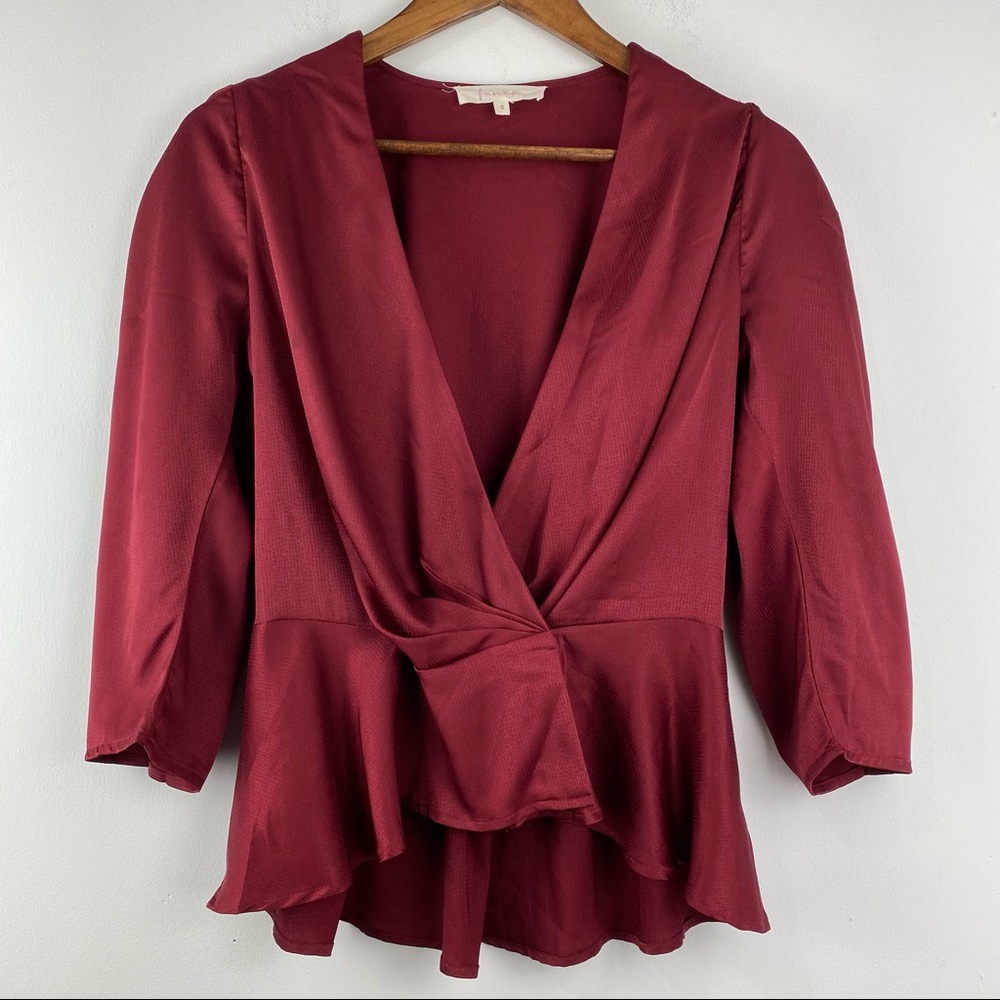 Fanco size Small Women’s Burgundy V-neck 3/4 Sleeve Wrap Blouse Top